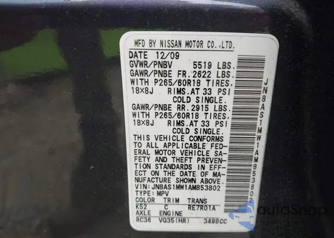 2010 Infiniti Fx35 z USA, uszkodzony, nr VIN JN8AS1MW1AM853802